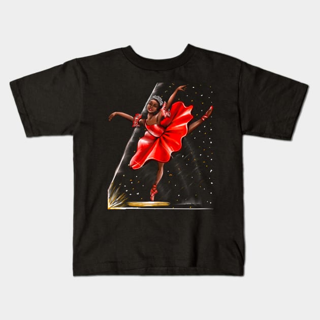 Ballet, African American ballerina in red pointe shoes, dress and crown 2 - ballerina doing pirouette in red tutu and red shoes  - brown skin ballerina Kids T-Shirt by Artonmytee